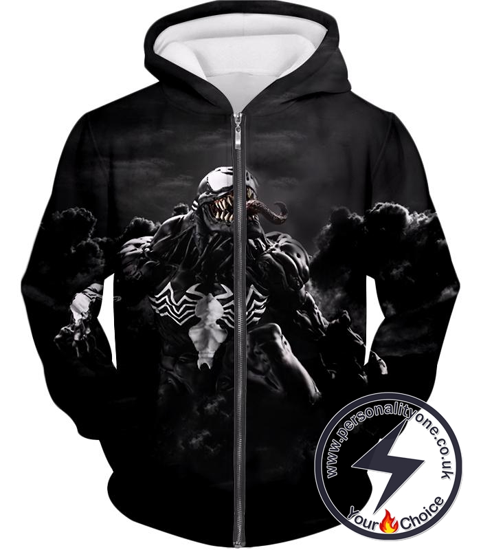 Marvels Dangerous Villain Venom Black Printed Zip Up Hoodie